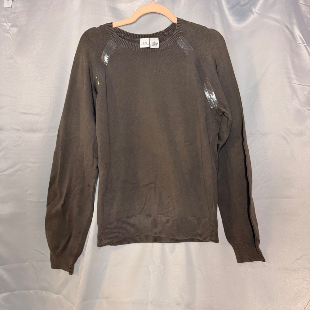 Armani Exchange Mens Cotton Crewneck Sweater‎ Brown Raglan Glossy Detail Large